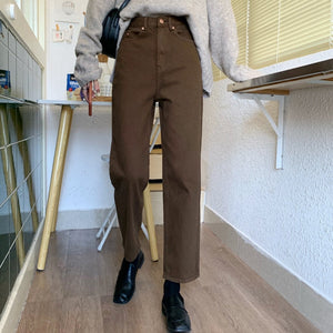 woloong autumn New Brown Straight Denim Vintage Slender Office Lady Jeans Women Trousers High Waist Large Size Pants Female KZ703