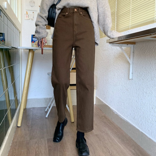 woloong autumn New Brown Straight Denim Vintage Slender Office Lady Jeans Women Trousers High Waist Large Size Pants Female KZ703