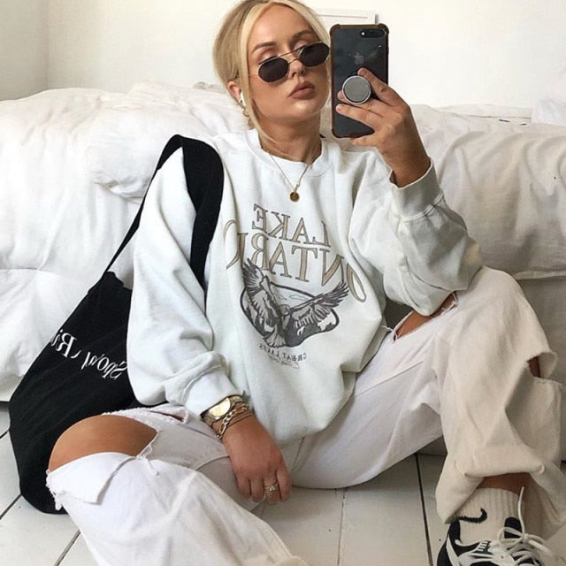 woloong Letter Print Sweatshirt Vintage Women Hoodies Gray Cotton Warm Fleece Winter Pullovers Autumn New Casual Streetwear Girls