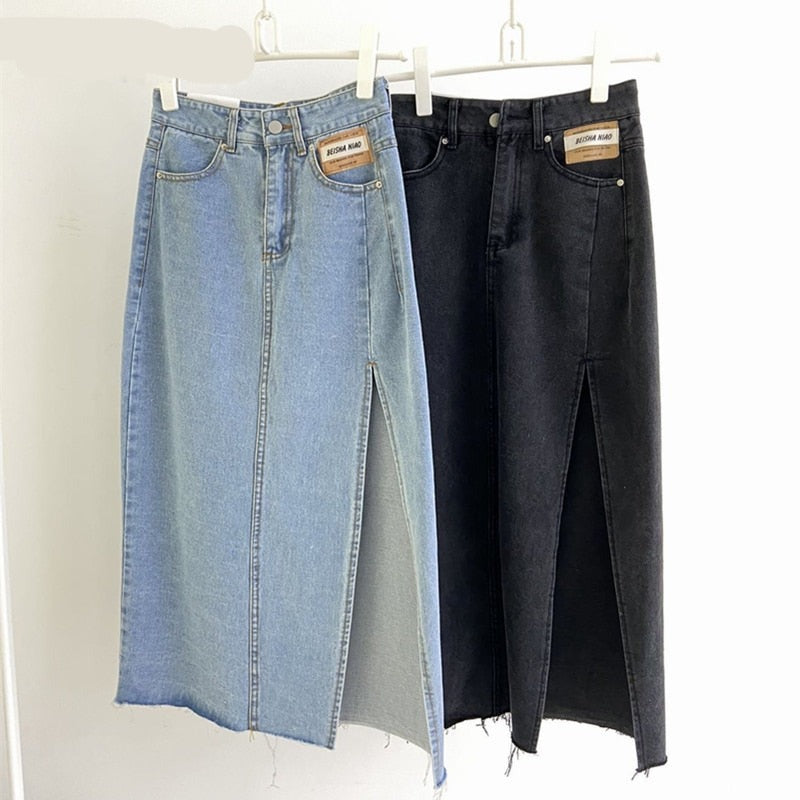 Summer New Women's Long Denim Skirt Vintage High Wasit Jeans Skirt Female Straight Side Split A-line Pencil Skirts