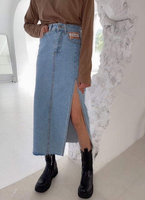 Summer New Women's Long Denim Skirt Vintage High Wasit Jeans Skirt Female Straight Side Split A-line Pencil Skirts