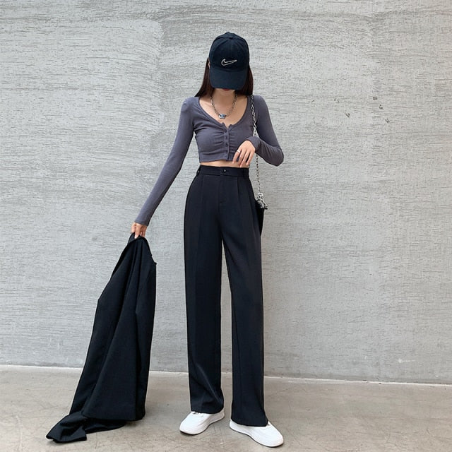 Casual High Waist Loose Wide Leg Pants for Women Spring Autumn New Female Floor-Length White Suits Pants Ladies Long Trousers