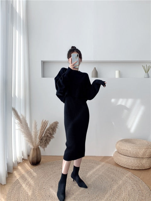 New Fall/Winter Bat Sleeve O-Neck Soft Sweater  + Women's Knitted Vest Long Dress Two-Piece Dress Sets