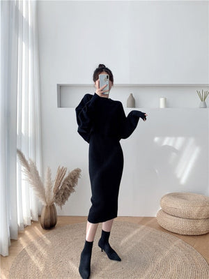 New Fall/Winter Bat Sleeve O-Neck Soft Sweater  + Women's Knitted Vest Long Dress Two-Piece Dress Sets