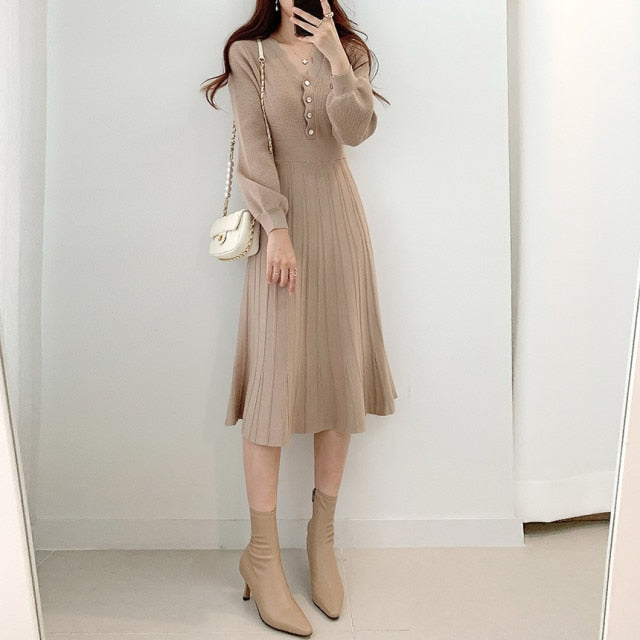 Vintage Elegant Knitted Beige Midi Dress New Autumn Long Sleeve Slim Woman Sweater Dresses One-Piece Woman Pleated Dress