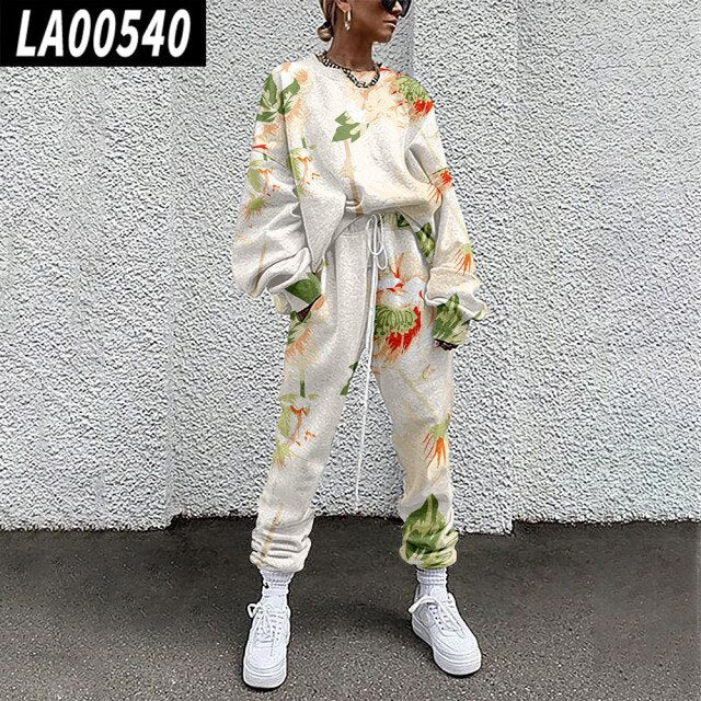 Fall Winter Tracksuits Women Two Piece Set Floral Print Sport Outfits Casual Sweatshirt+Pants Women Sweat Suit Lady Girls