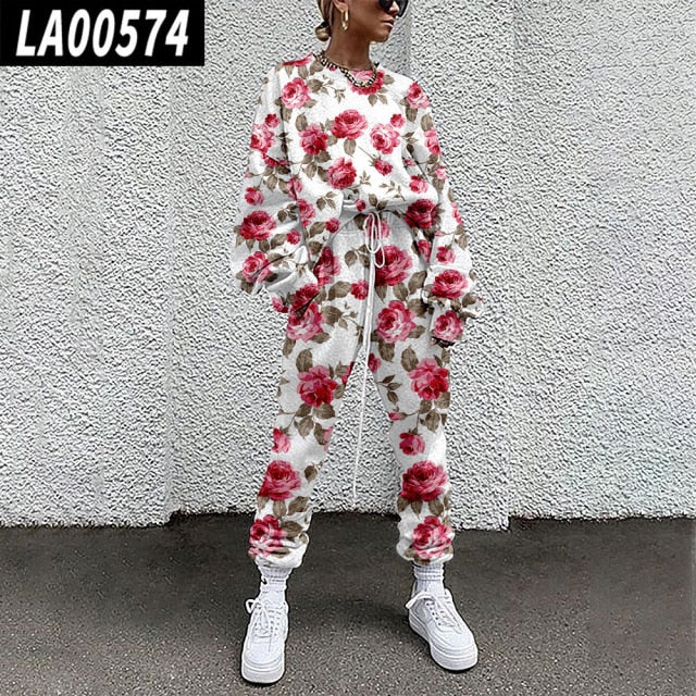 Fall Winter Tracksuits Women Two Piece Set Floral Print Sport Outfits Casual Sweatshirt+Pants Women Sweat Suit Lady Girls