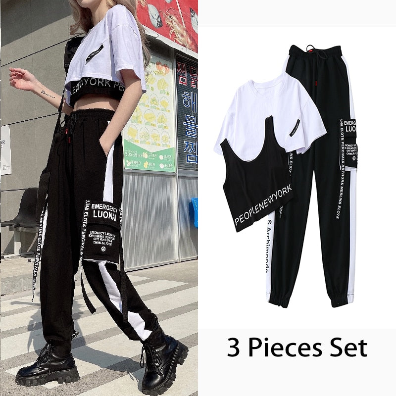 goosudu 3 Pieces Set  Summer Streetwear Outfit Women's Sweatshirt Set Track Suit Cargo Pants Short Sleeve Shirt Women Trouser Set