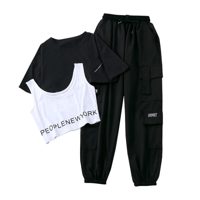 goosudu 3 Pieces Set  Summer Streetwear Outfit Women's Sweatshirt Set Track Suit Cargo Pants Short Sleeve Shirt Women Trouser Set