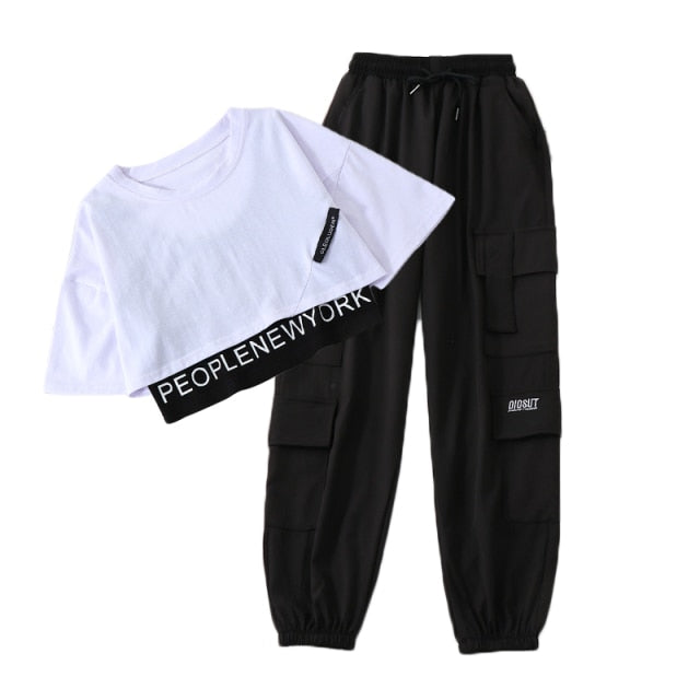 goosudu 3 Pieces Set  Summer Streetwear Outfit Women's Sweatshirt Set Track Suit Cargo Pants Short Sleeve Shirt Women Trouser Set