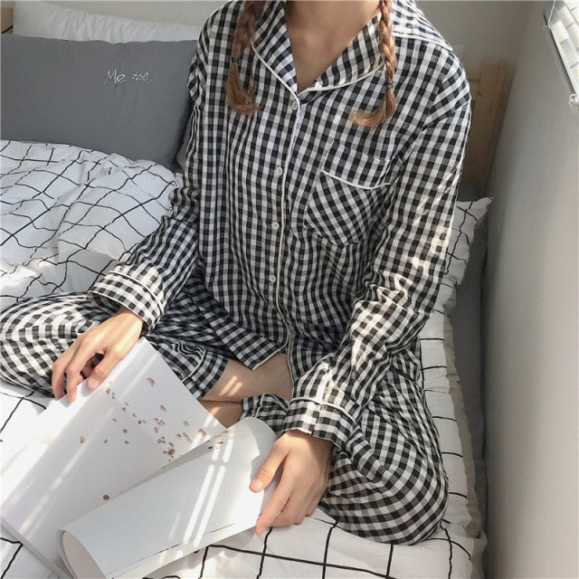 woloong New Fashion Sleepwear Women's Cotton Cute Pajamas Girls Long Sleeve Tops+Pants with Pockets Stripe Casual Lounge Wear