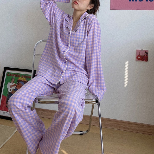 woloong New Fashion Sleepwear Women's Cotton Cute Pajamas Girls Long Sleeve Tops+Pants with Pockets Stripe Casual Lounge Wear