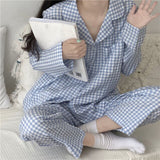 woloong New Fashion Sleepwear Women's Cotton Cute Pajamas Girls Long Sleeve Tops+Pants with Pockets Stripe Casual Lounge Wear