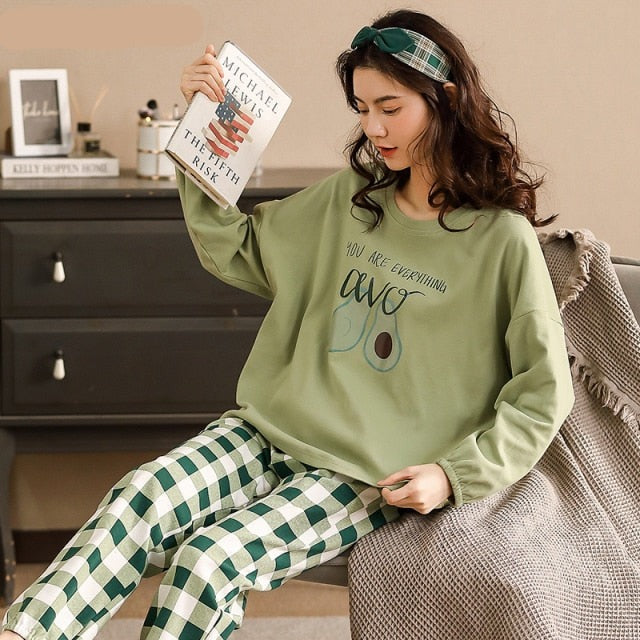 goosudu Woman Pijama Set 100% Cotton Loose Style Pullover Leisure Homesuit Cotton Loungewear Oversized Sleepwear Avocado Printing Pajama