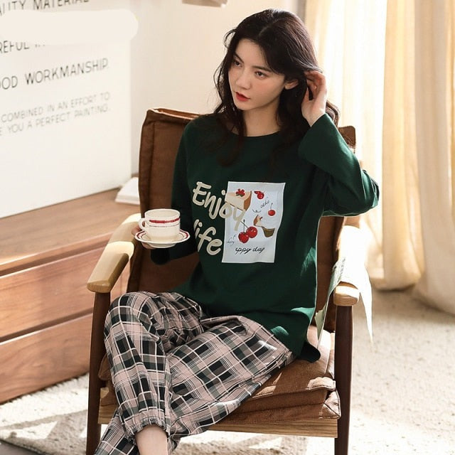 goosudu Woman Pijama Set 100% Cotton Loose Style Pullover Leisure Homesuit Cotton Loungewear Oversized Sleepwear Avocado Printing Pajama