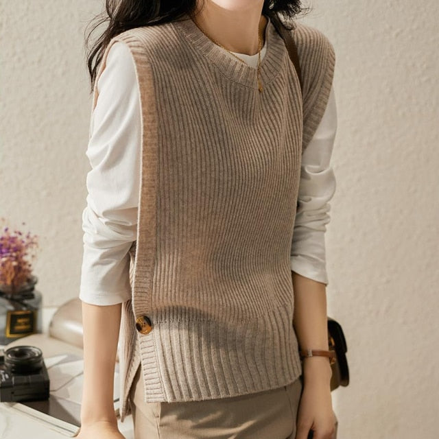 woloong Sweater Vest Women O-neck Solid Autumn Fashionable Button Chic Design Female Leisure Knitwear Preppy Style New Arrival Soft Cozy