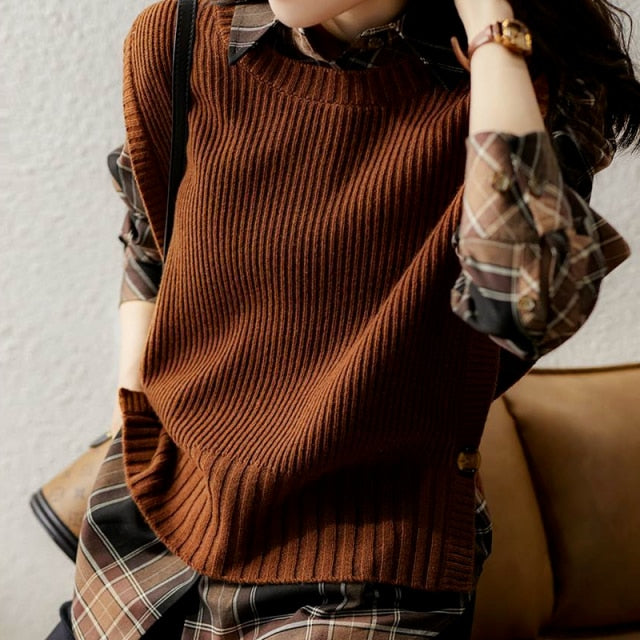 woloong Sweater Vest Women O-neck Solid Autumn Fashionable Button Chic Design Female Leisure Knitwear Preppy Style New Arrival Soft Cozy