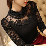 Women Sexy Lace Blouse new Slim Plus size 3XL Lace Tops Long Sleeve Casual Shirt Beaded Openwork Feminine Tops