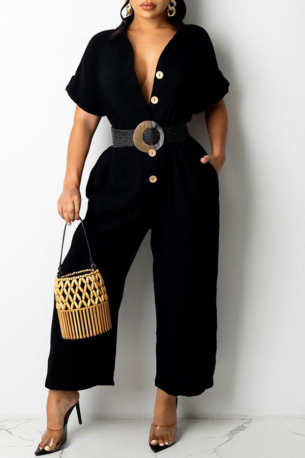 Goosudu Cotton Blend Shirt Collar Single-breasted Pocket Jumpsuit