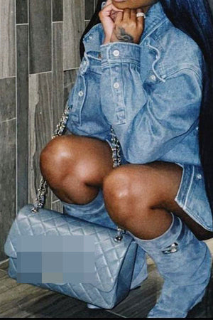 Goosudu Solid Color Button Design On-trend Denim Coat & Skirt