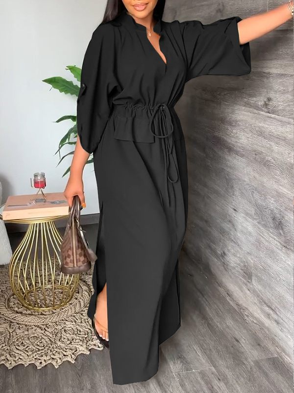 Goosudu V-Neck Drawstring Slit Dress