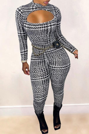 Goosudu Sexy Houndstooth Cutout Long Sleeve Jumpsuit