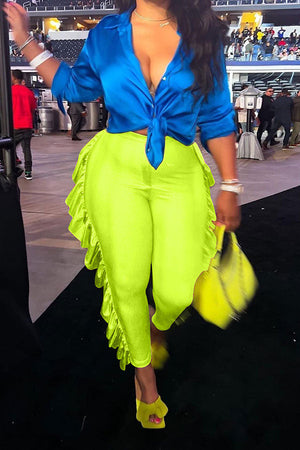 Goosudu Solid Color Smart Side Ruffle Pants