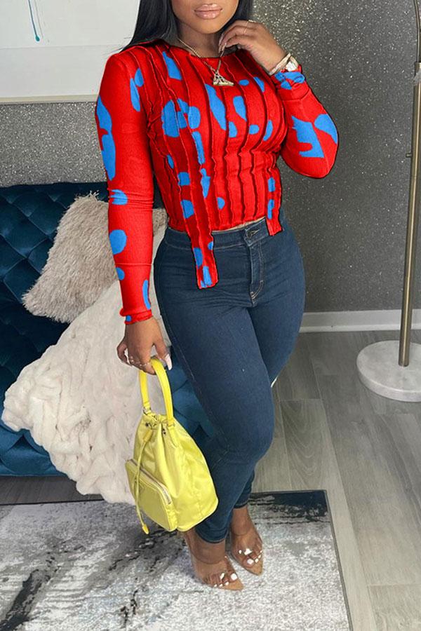 Goosudu Abstract Print Round Neck Cute Irregular Blouse