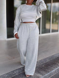 Goosudu Solid Cropped Sweatshirt & Wide-Leg Pants Set