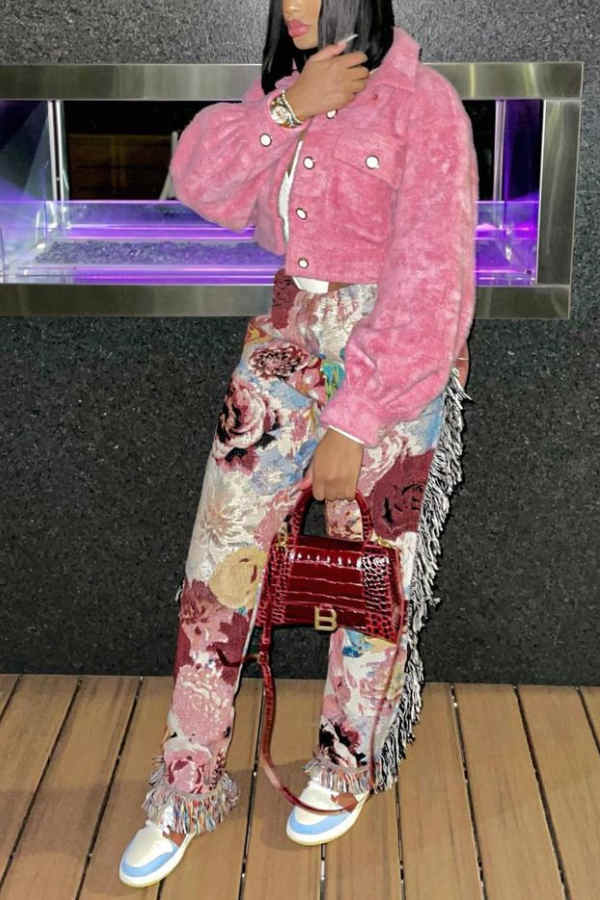 Goosudu Fashion Casual Regular Print Fringe Edge Pants