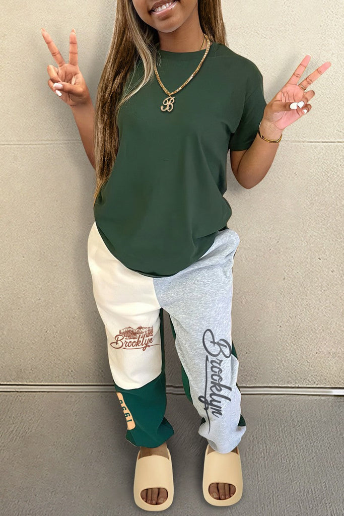 Goosudu Casual Print Patchwork O Neck Short Sleeve Two Pieces