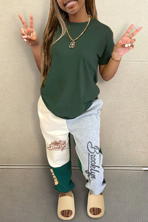 Goosudu Casual Print Patchwork O Neck Short Sleeve Two Pieces