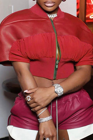 Goosudu Patchwork Urban Zipper PU Jacket