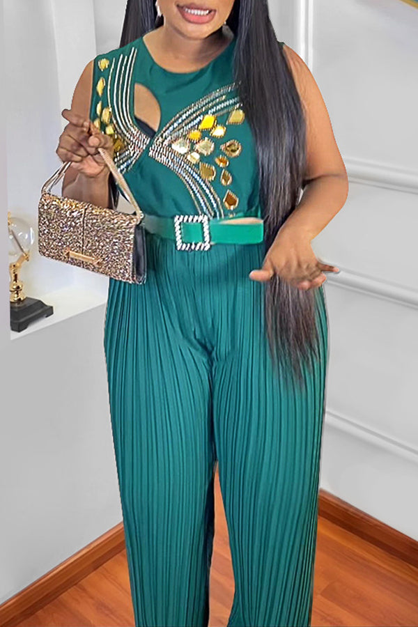 Goosudu Casual Round Neck Sleeveless Ironing Loose Pleated Jumpsuit