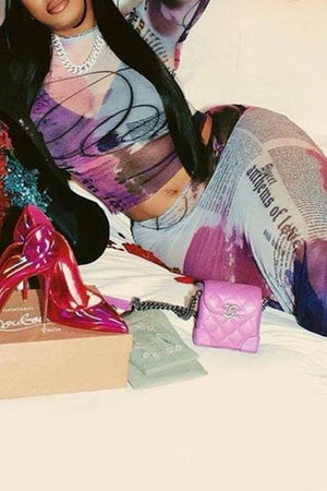 Goosudu Sexy Street Print Patchwork Mesh O Neck Long Sleeve Two Pieces