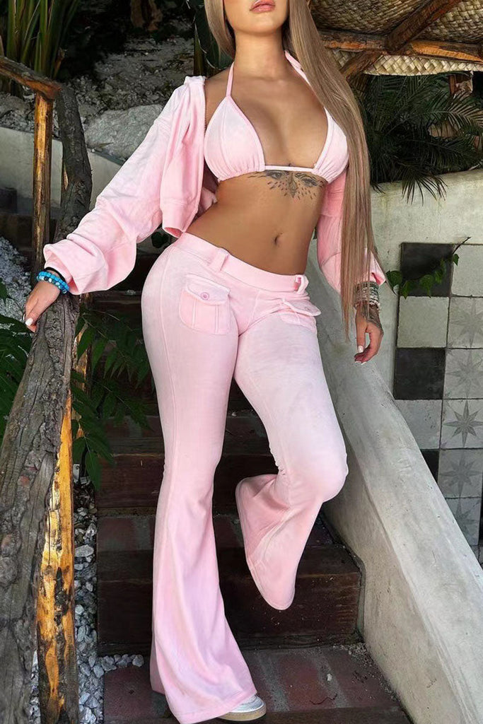 Goosudu Street Solid Patchwork Pocket Hooded Collar Long Sleeve Three Pieces