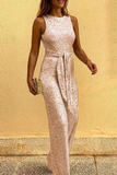 Goosudu Elegant Solid Sequined With Belt O Neck Straight Jumpsuits