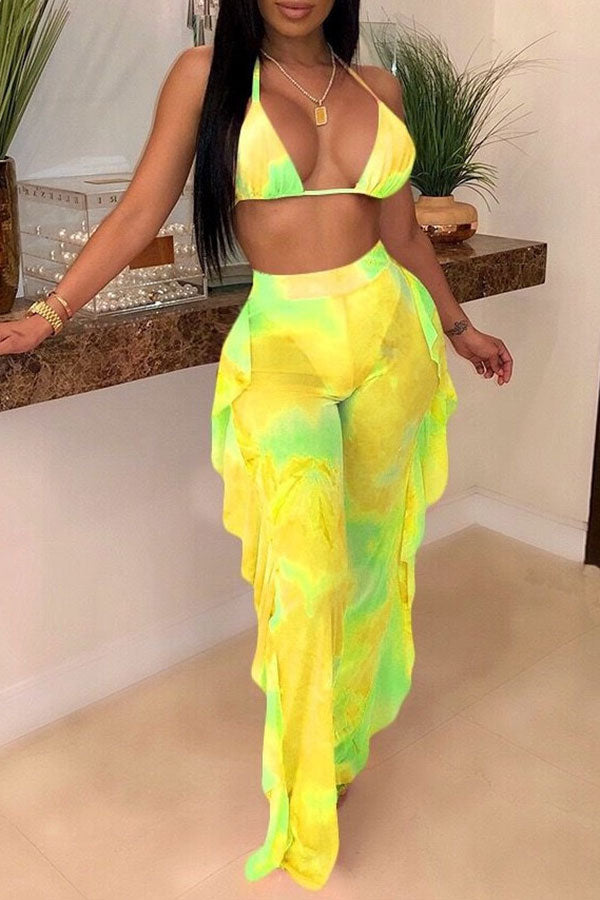 Goosudu Butterfly Print Mesh Elegant High Waist Bikini & Pants