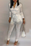 Goosudu Solid Sequin Zip Collar Drawstring Plus Size Jumpsuit