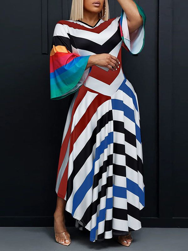 Goosudu V-Neck Bell-Sleeve Colorblock Dress