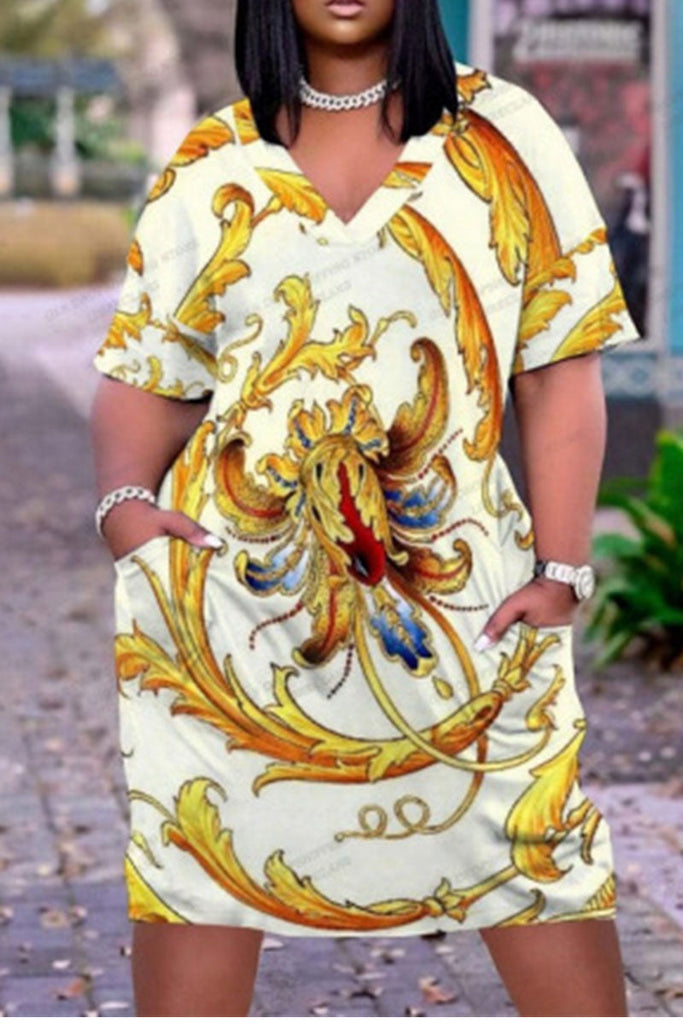 Goosudu Casual Print Patchwork V Neck Straight Dresses