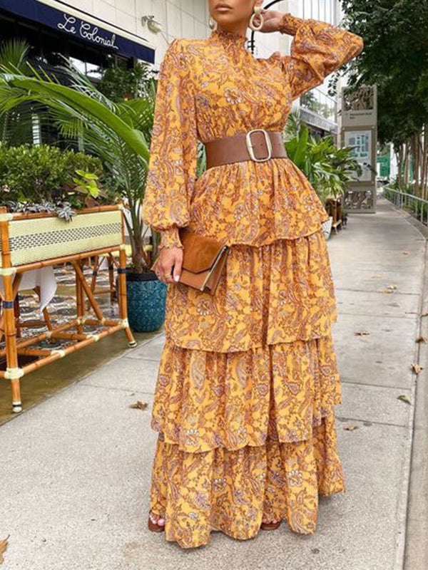 Goosudu Printed Mock-Neck Tiered Dress