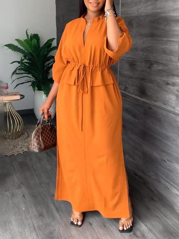 Goosudu V-Neck Drawstring Slit Dress