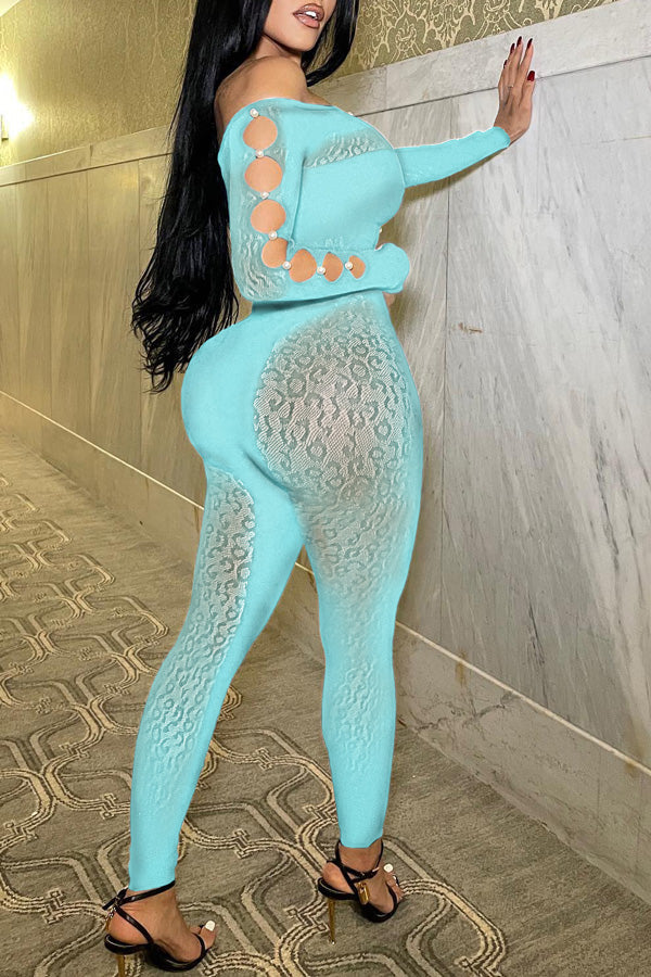 Goosudu Sexy Off Shoulder Sheer Leopard Print Pearl Buckle Chest Cutout Jumpsuits