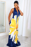 Goosudu Deep V Neck Flower Print Halter Backless Maxi Dresses