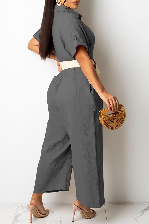 Goosudu Cotton Blend Shirt Collar Single-breasted Pocket Jumpsuit