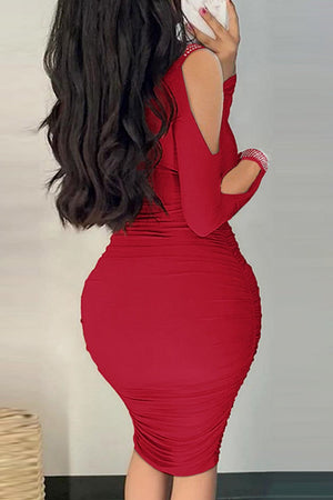 Goosudu Sexy Casual Solid Hollowed Out Patchwork Hot Drill V Neck Long Sleeve Dresses