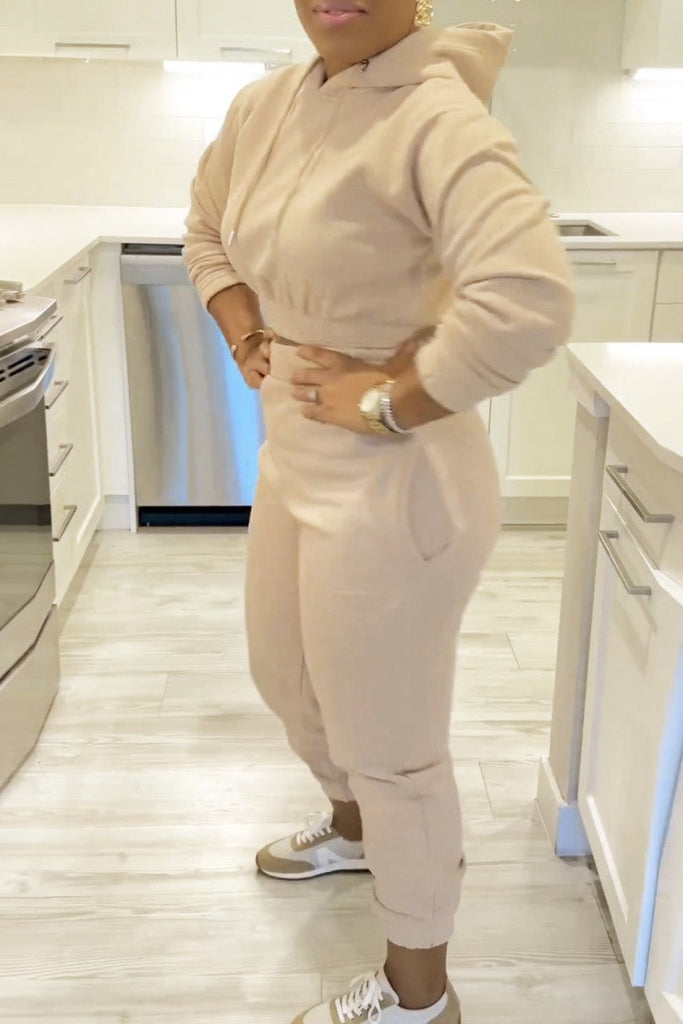 Goosudu Casual Solid Basic Hooded Collar Long Sleeve Two Pieces