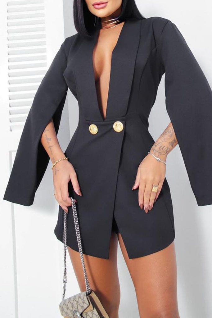 Goosudu Party Elegant Plain Buttons Zipper V Neck Suit Dress Dresses