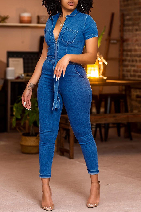Goosudu Fashion Lapel Zipper Belt Skinny Denims Jumpsuit